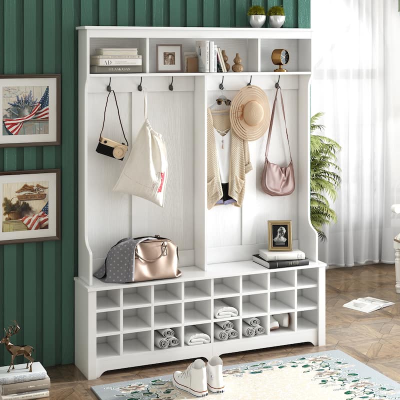 Modern Hallway Coat Rack with Metal Black Hooks, Entryway Bench 60